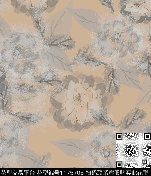 大花手绘花卉数码印花华亿平台下载（图片编号: 1175705） - 瓦栏（Walan）