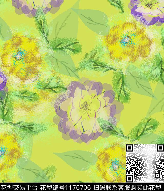 大花手绘花卉数码印花华亿平台下载（图片编号: 1175706） - 瓦栏（Walan）