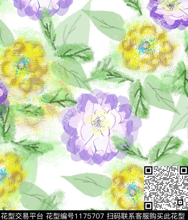 大花手绘花卉数码印花华亿平台下载（图片编号: 1175707） - 瓦栏（Walan）