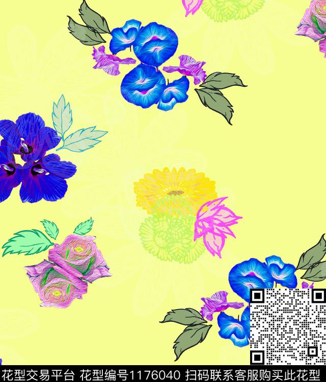 花瓣花卉混合拼接数码印花华亿平台下载（图片编号: 1176040） - 瓦栏（Walan）