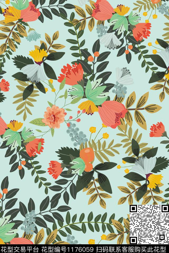 手绘花卉大牌风数码印花华亿平台下载（图片编号: 1176059） - 瓦栏（Walan）