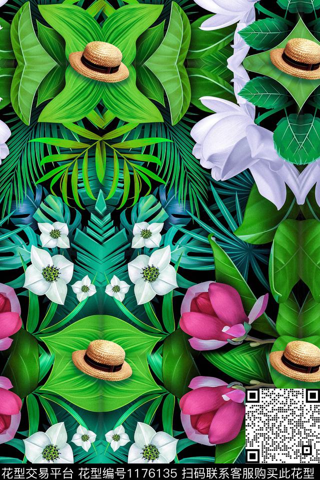 手绘花卉绿植树叶数码印花华亿平台下载（图片编号: 1176135） - 瓦栏（Walan）