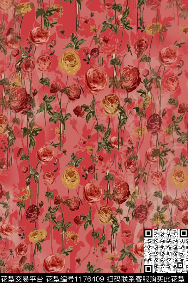玫瑰花语乡村生活植物数码印花华亿平台下载（图片编号: 1176409） - 瓦栏（Walan）