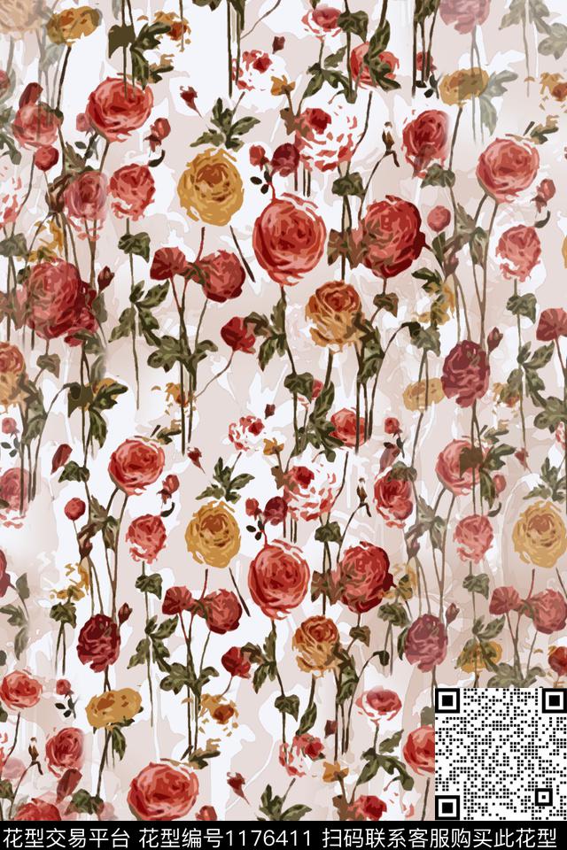 玫瑰花语乡村生活植物数码印花华亿平台下载（图片编号: 1176411） - 瓦栏（Walan）