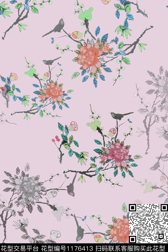 鸟昆虫图案植物乡村生活数码印花华亿平台下载（图片编号: 1176413） - 瓦栏（Walan）