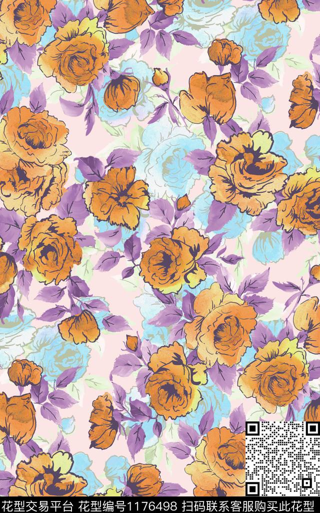 数码华亿平台手绘花卉数码印花华亿平台下载（图片编号: 1176498） - 瓦栏（Walan）