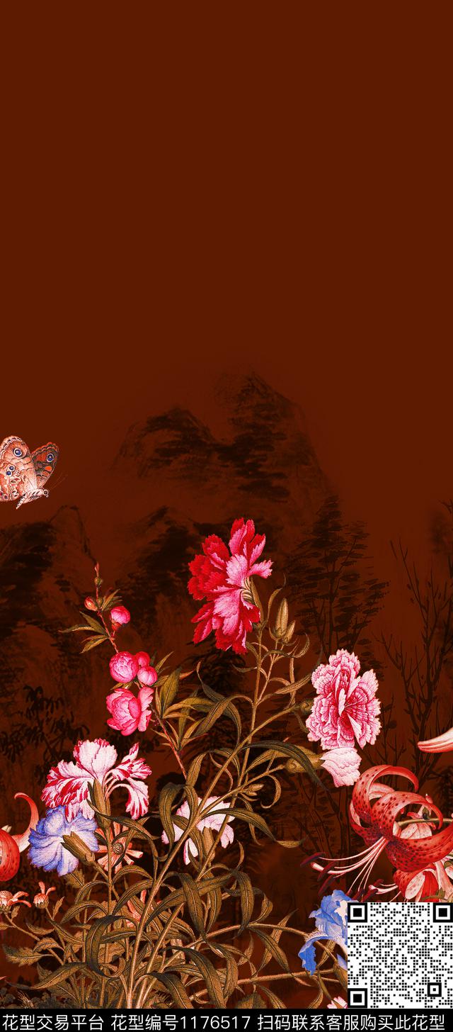 国画蝴蝶定位花数码印花华亿平台下载（图片编号: 1176517） - 瓦栏（Walan）