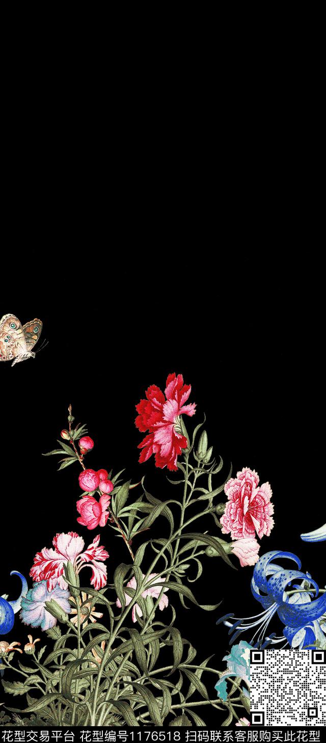 国画蝴蝶定位花数码印花华亿平台下载（图片编号: 1176518） - 瓦栏（Walan）