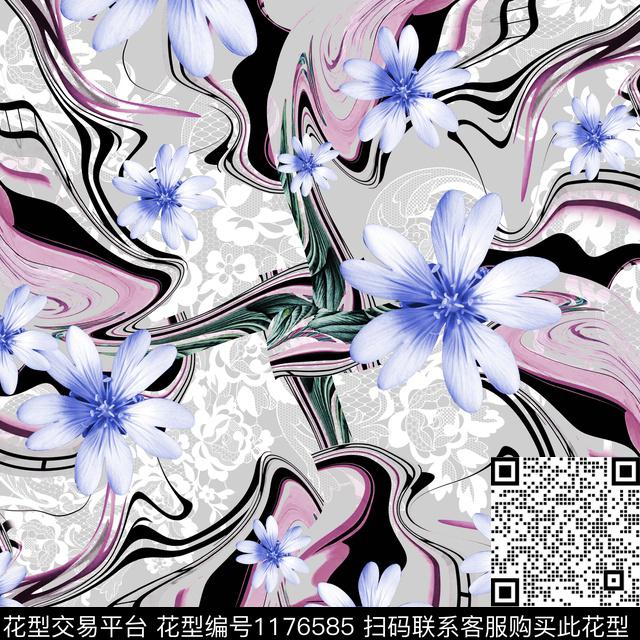 清爽底花卉抽象手绘数码印花华亿平台下载（图片编号: 1176585） - 瓦栏（Walan）