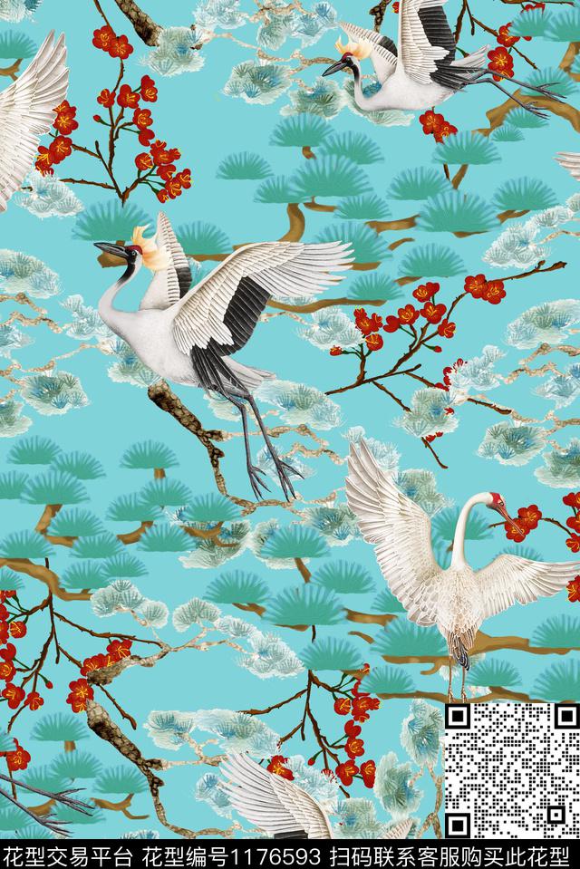 仙鹤花鸟树数码印花华亿平台下载（图片编号: 1176593） - 瓦栏（Walan）