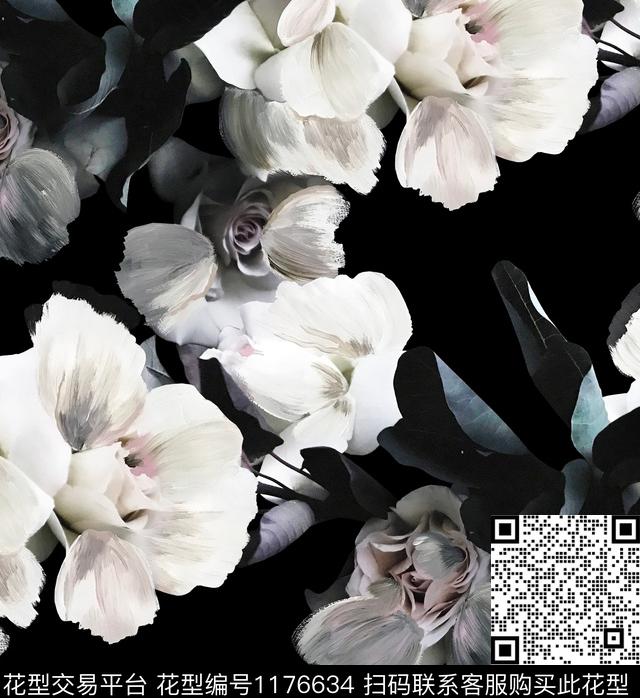 手绘大花黑底花卉秋冬华亿平台数码印花华亿平台下载（图片编号: 1176634） - 瓦栏（Walan）