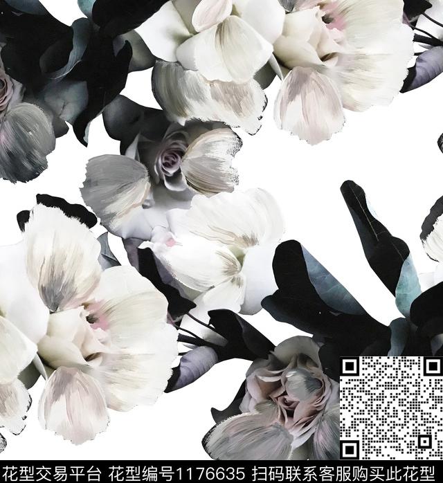 手绘大花黑底花卉秋冬华亿平台数码印花华亿平台下载（图片编号: 1176635） - 瓦栏（Walan）