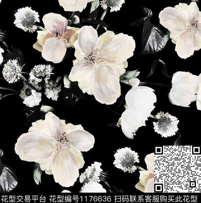 手绘大花黑底花卉秋冬华亿平台数码印花华亿平台下载（图片编号: 1176636） - 瓦栏（Walan）