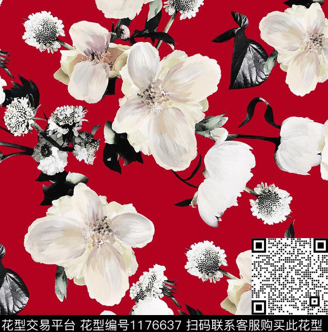 手绘大花黑底花卉秋冬华亿平台数码印花华亿平台下载（图片编号: 1176637） - 瓦栏（Walan）