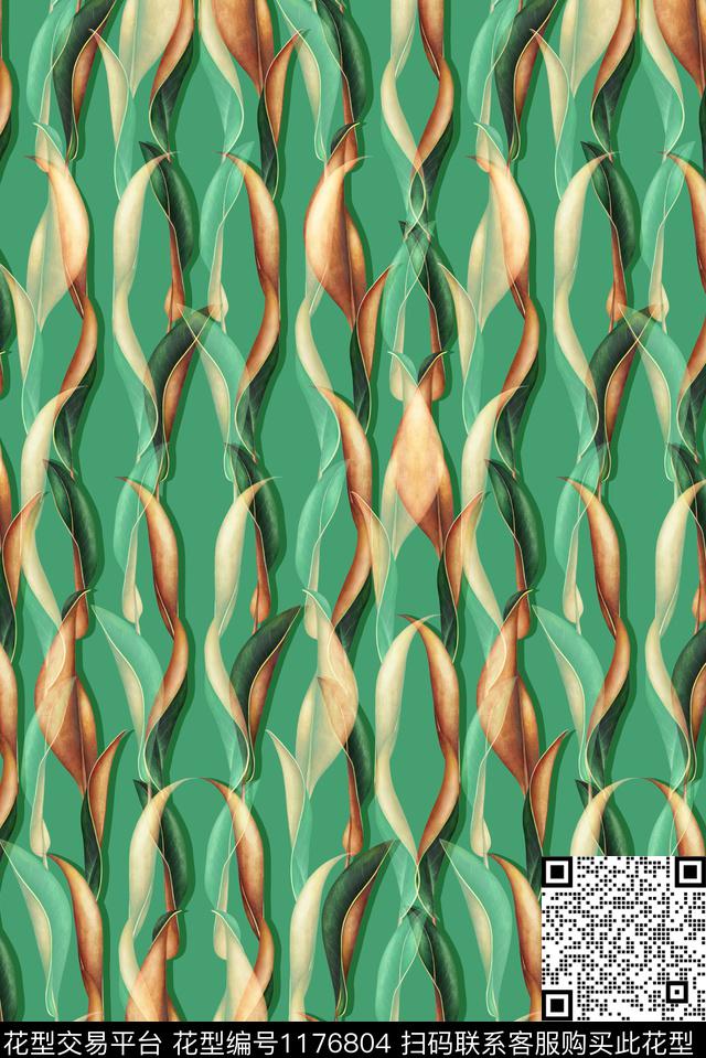 手绘叶子几何漂亮绿数码印花华亿平台下载（图片编号: 1176804） - 瓦栏（Walan）