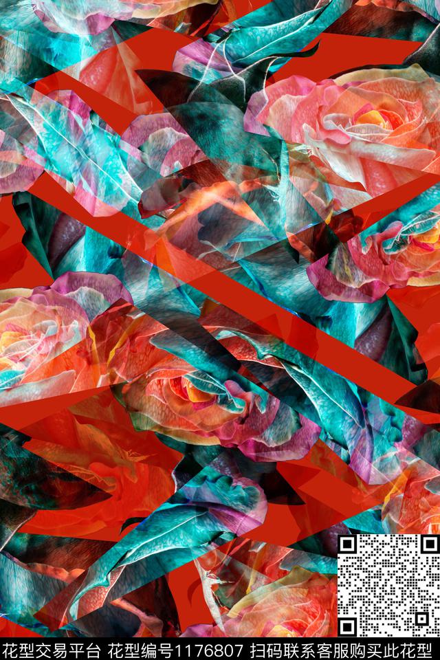 抽象色块玫瑰花饱和色彩数码印花华亿平台下载（图片编号: 1176807） - 瓦栏（Walan）