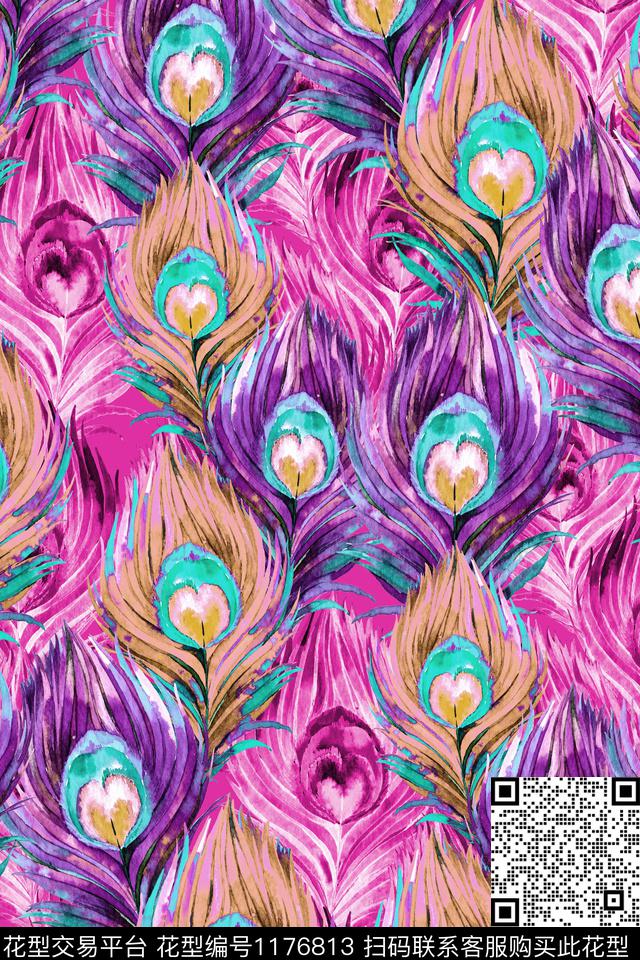 手绘水彩羽毛漂亮色彩数码印花华亿平台下载（图片编号: 1176813） - 瓦栏（Walan）