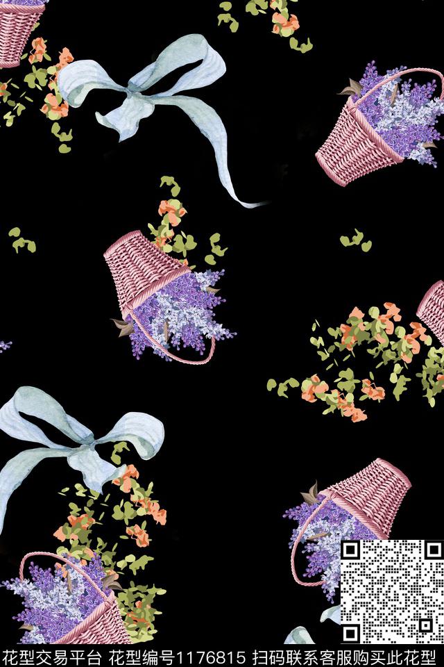 春夏华亿平台蝴蝶结花篮数码印花华亿平台下载（图片编号: 1176815） - 瓦栏（Walan）