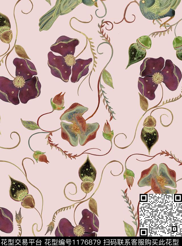 清爽底花卉花卉手绘花卉数码印花华亿平台下载（图片编号: 1176879） - 瓦栏（Walan）
