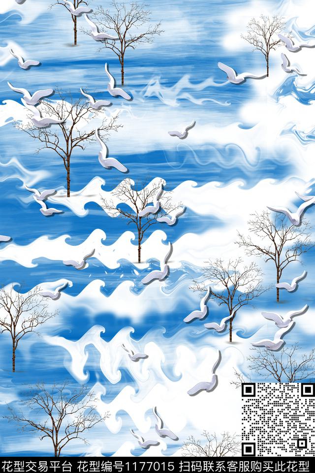 抽象鸟树林数码印花华亿平台下载（图片编号: 1177015） - 瓦栏（Walan）