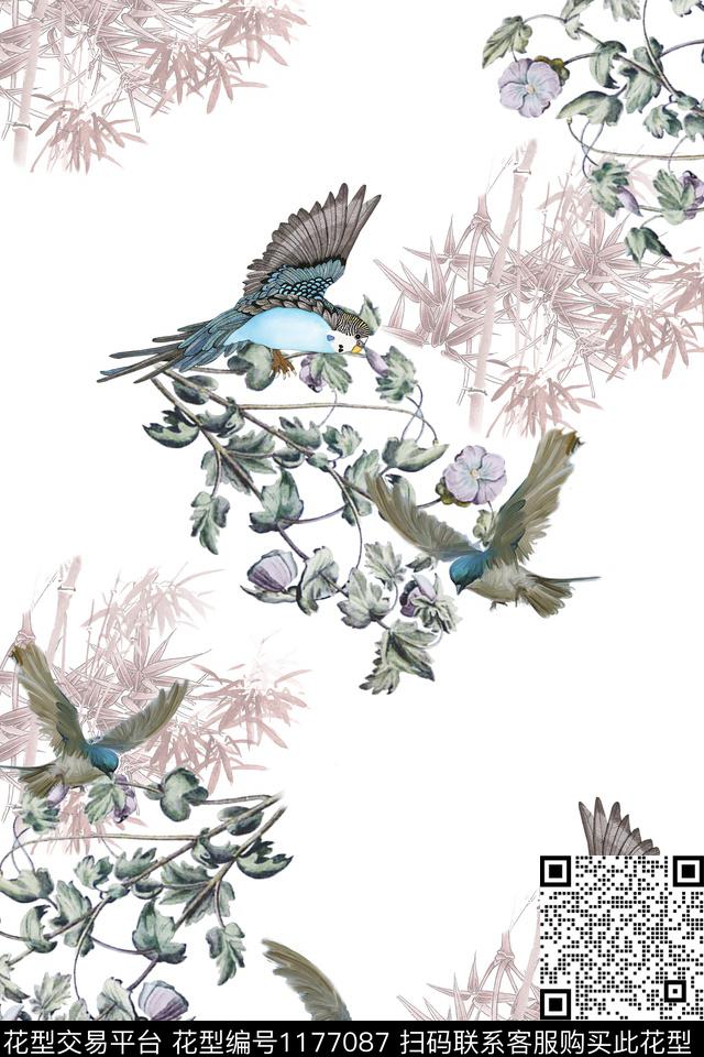 清爽底花卉竹子中国风数码印花华亿平台下载（图片编号: 1177087） - 瓦栏（Walan）