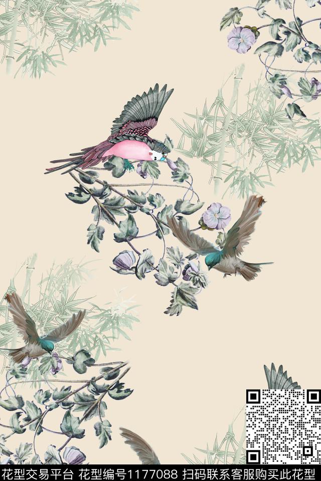 火烈鸟清爽底花卉竹子数码印花华亿平台下载（图片编号: 1177088） - 瓦栏（Walan）