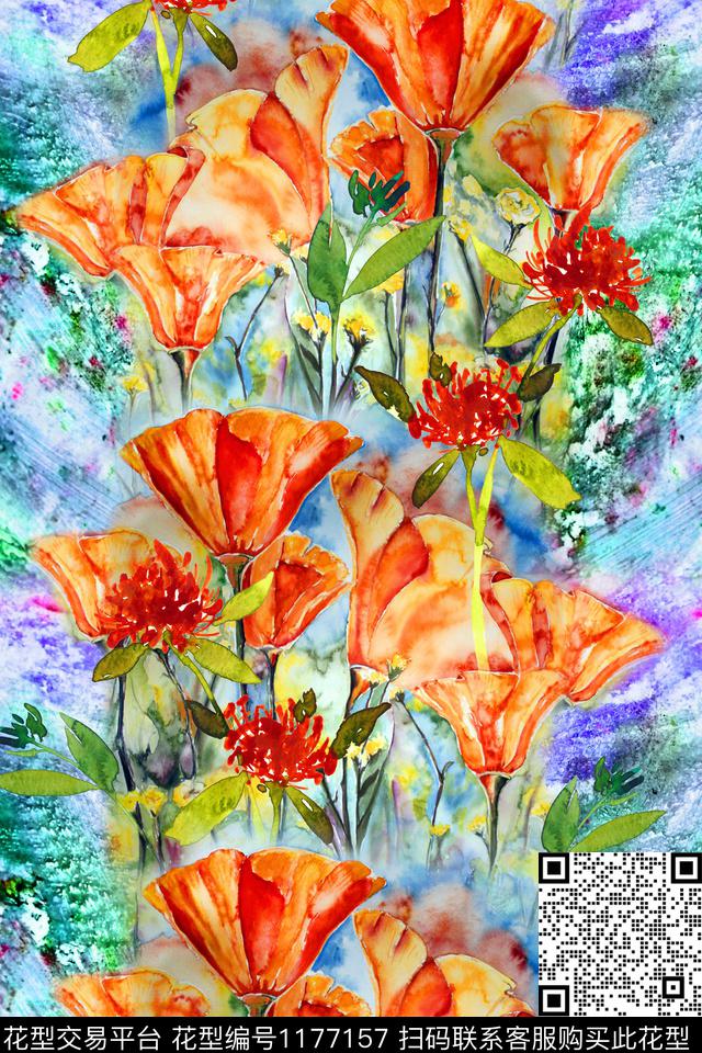 水彩花卉肌理数码印花华亿平台下载（图片编号: 1177157） - 瓦栏（Walan）