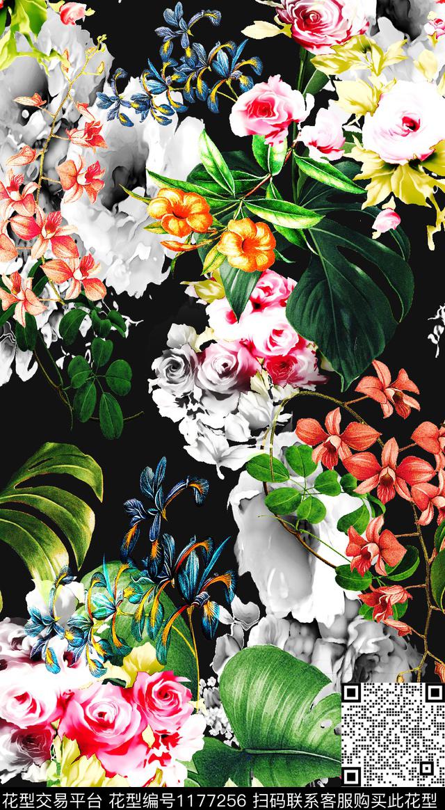 抽象花卉大牌风数码印花华亿平台下载（图片编号: 1177256） - 瓦栏（Walan）
