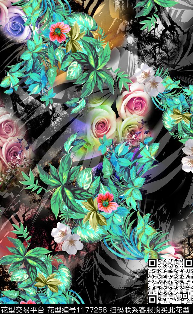抽象花卉大牌风数码印花华亿平台下载（图片编号: 1177258） - 瓦栏（Walan）