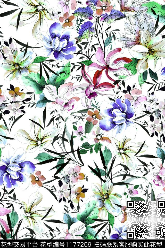 抽象花卉大牌风数码印花华亿平台下载（图片编号: 1177259） - 瓦栏（Walan）