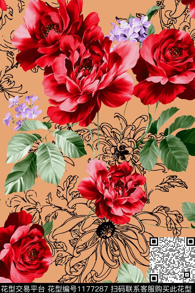 休闲花卉大牌风数码印花华亿平台下载（图片编号: 1177287） - 瓦栏（Walan）