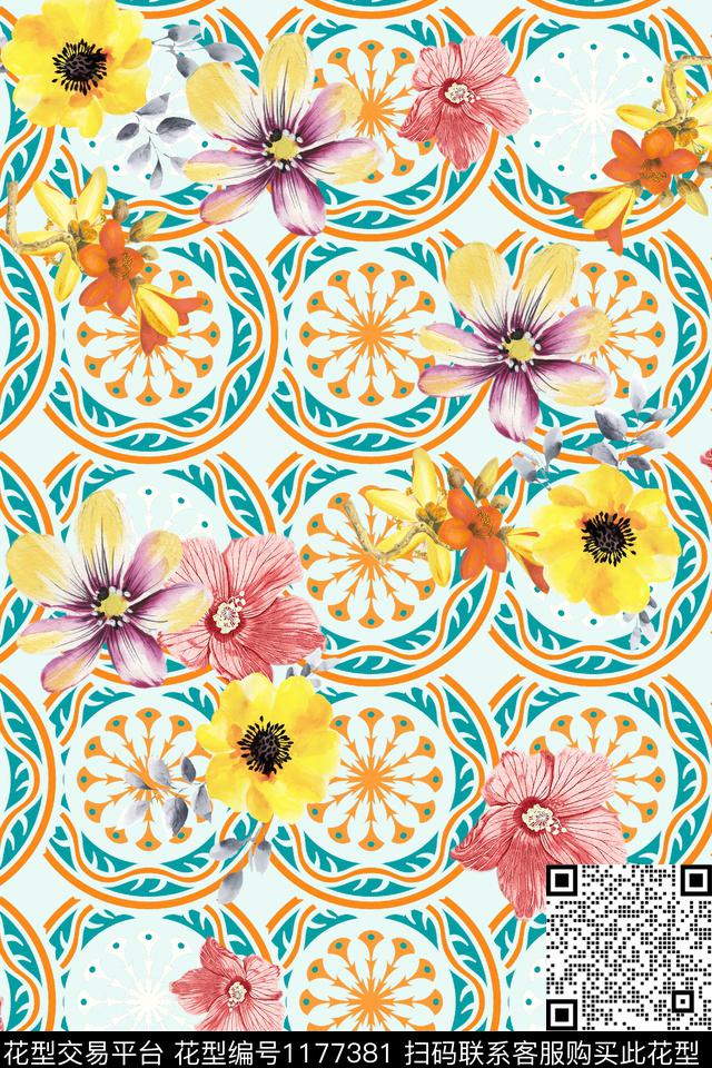 手绘花卉传统纹样民族风数码印花华亿平台下载（图片编号: 1177381） - 瓦栏（Walan）