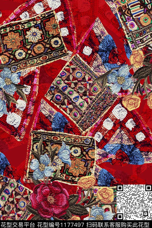 复古绣花华亿平台3D立体数码印花华亿平台下载（图片编号: 1177497） - 瓦栏（Walan）