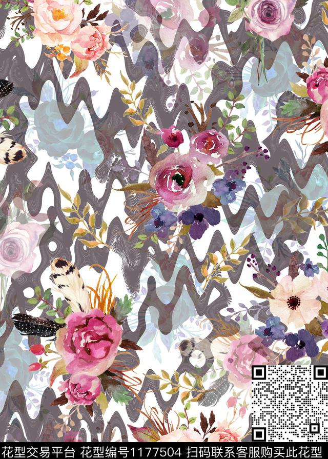 文艺花卉条纹数码印花华亿平台下载（图片编号: 1177504） - 瓦栏（Walan）