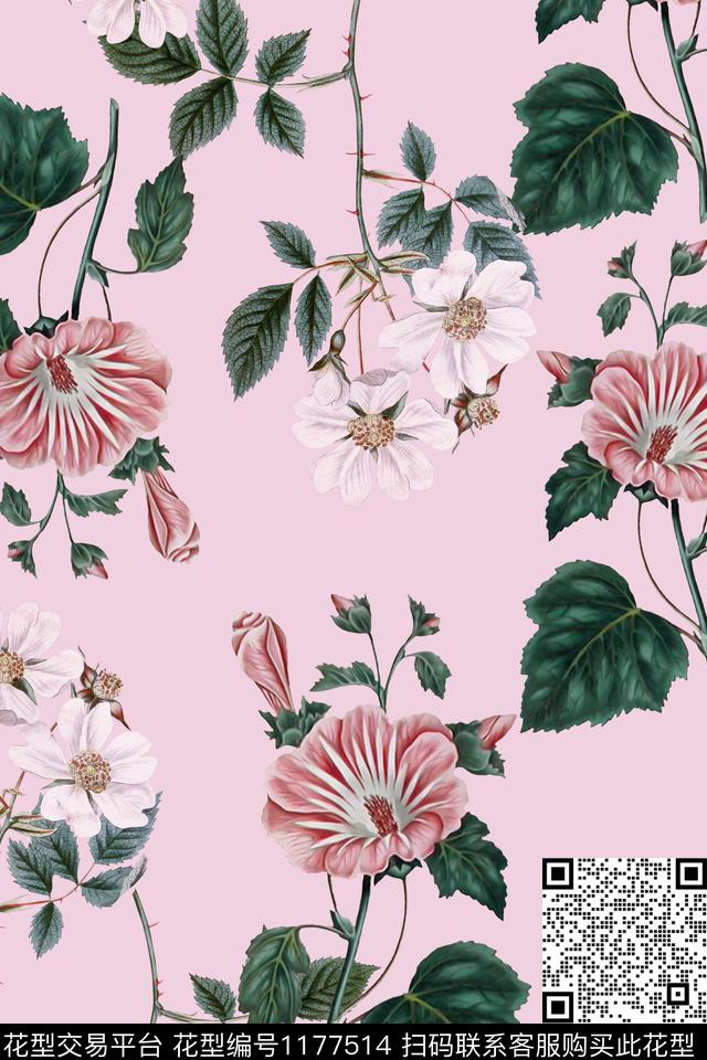 花卉植物华亿平台纯色底数码印花华亿平台下载（图片编号: 1177514） - 瓦栏（Walan）
