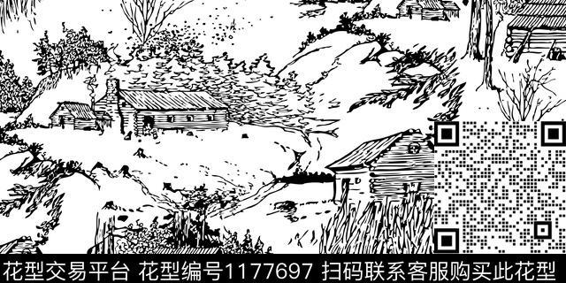 乡村生活黑白华亿平台房屋传统印花华亿平台下载（图片编号: 1177697） - 瓦栏（Walan）