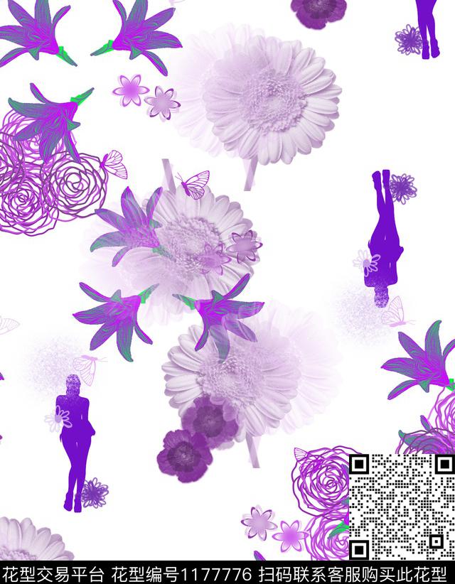 抽象人物花卉数码印花华亿平台下载（图片编号: 1177776） - 瓦栏（Walan）