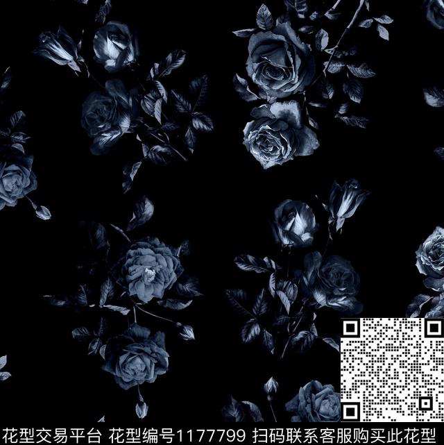 男装玫瑰花黑底花卉数码印花华亿平台下载（图片编号: 1177799） - 瓦栏（Walan）