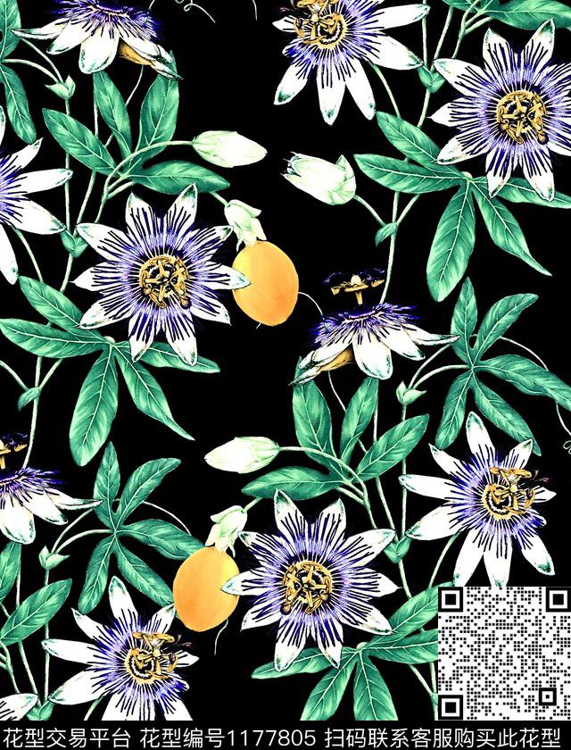 大牌风黑底花卉番石榴数码印花华亿平台下载（图片编号: 1177805） - 瓦栏（Walan）