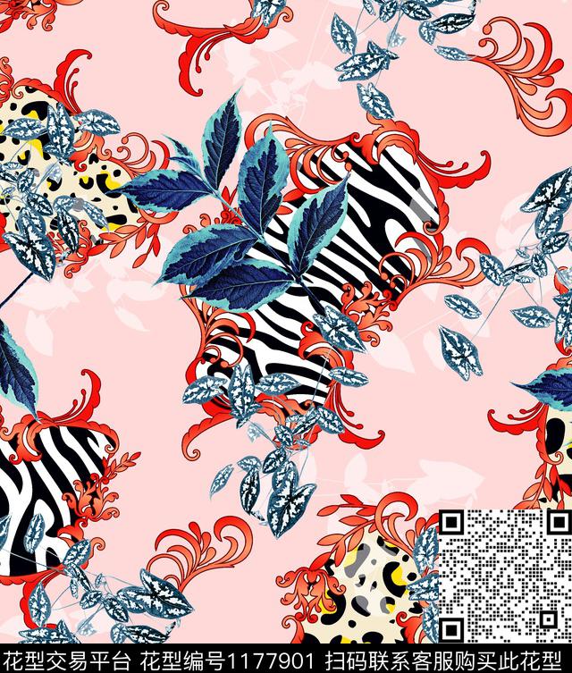 动物纹绿植树叶坯布数码印花华亿平台下载（图片编号: 1177901） - 瓦栏（Walan）