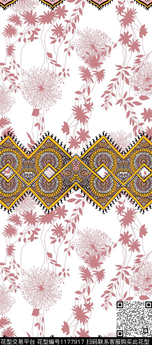 花卉双边定位花佩斯利传统印花华亿平台下载（图片编号: 1177917） - 瓦栏（Walan）