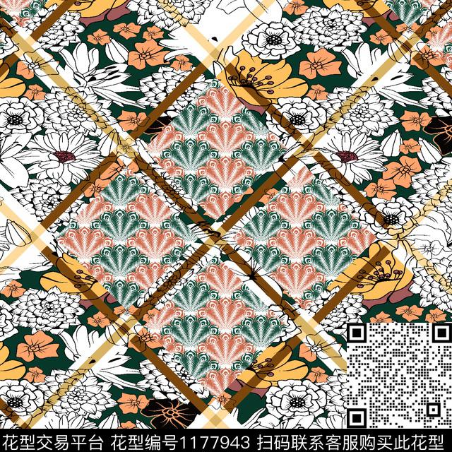 格子花卉混合拼接传统印花华亿平台下载（图片编号: 1177943） - 瓦栏（Walan）