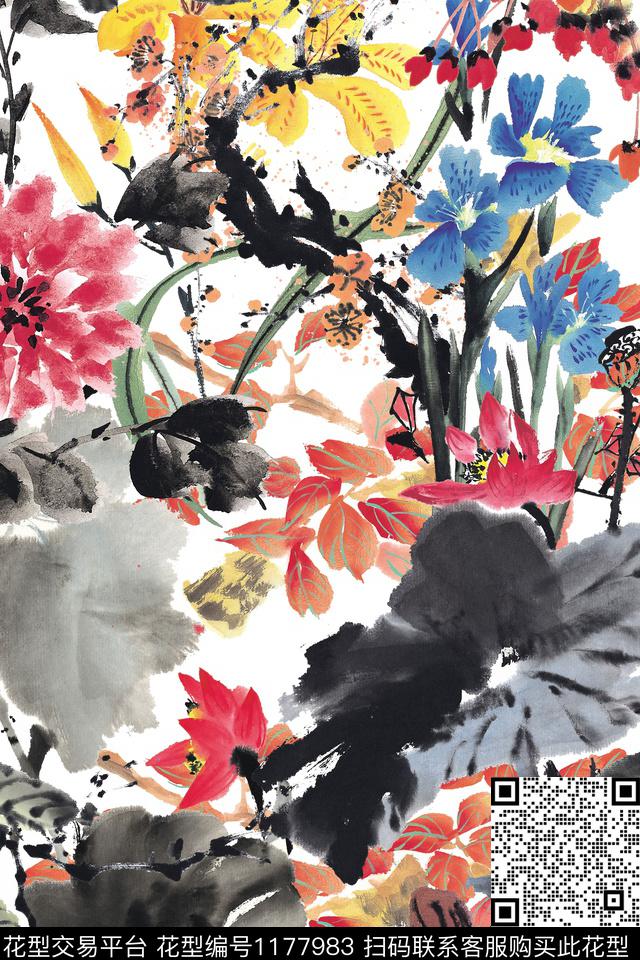 手绘花卉荷花数码印花华亿平台下载（图片编号: 1177983） - 瓦栏（Walan）