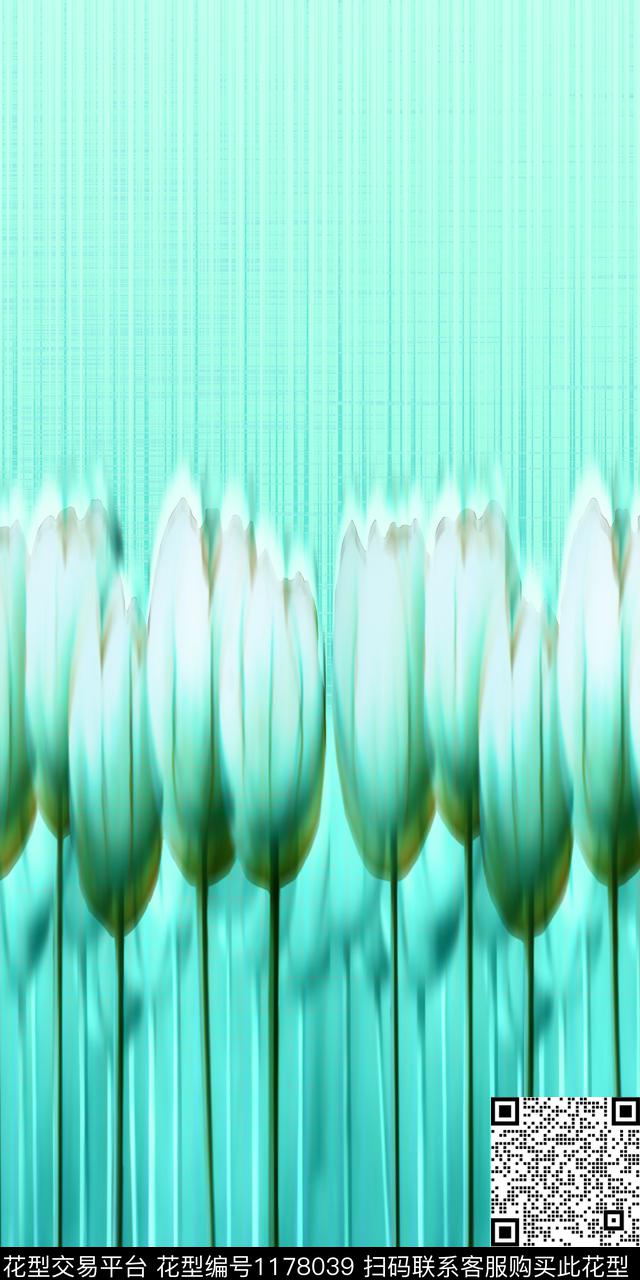 郁金香蓝色手绘花卉数码印花华亿平台下载（图片编号: 1178039） - 瓦栏（Walan）