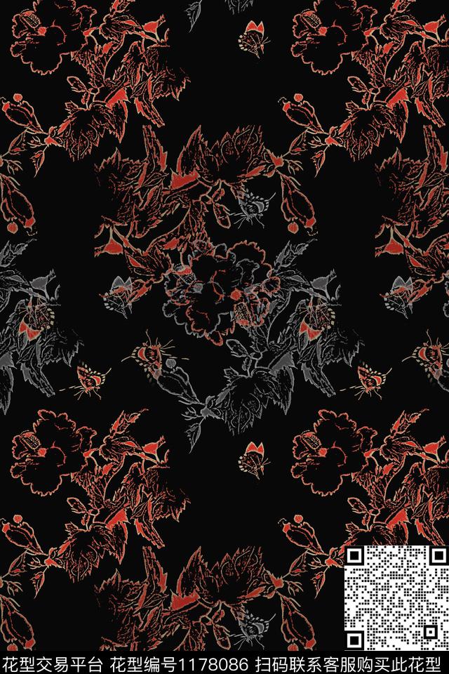 植物乡村生活蝴蝶纷飞数码印花华亿平台下载（图片编号: 1178086） - 瓦栏（Walan）