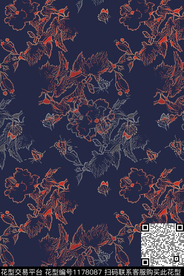 植物乡村生活蝴蝶纷飞数码印花华亿平台下载（图片编号: 1178087） - 瓦栏（Walan）