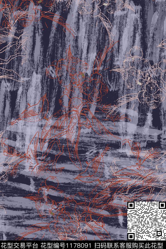 褪色花卉手绘线条笔触乡村生活数码印花华亿平台下载（图片编号: 1178091） - 瓦栏（Walan）