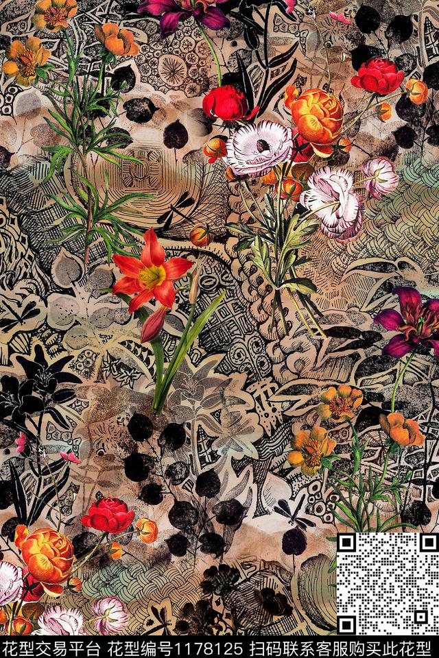 几何花卉肌理数码印花华亿平台下载（图片编号: 1178125） - 瓦栏（Walan）