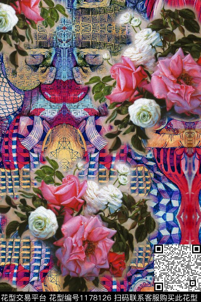 几何花卉油画华亿平台数码印花华亿平台下载（图片编号: 1178126） - 瓦栏（Walan）