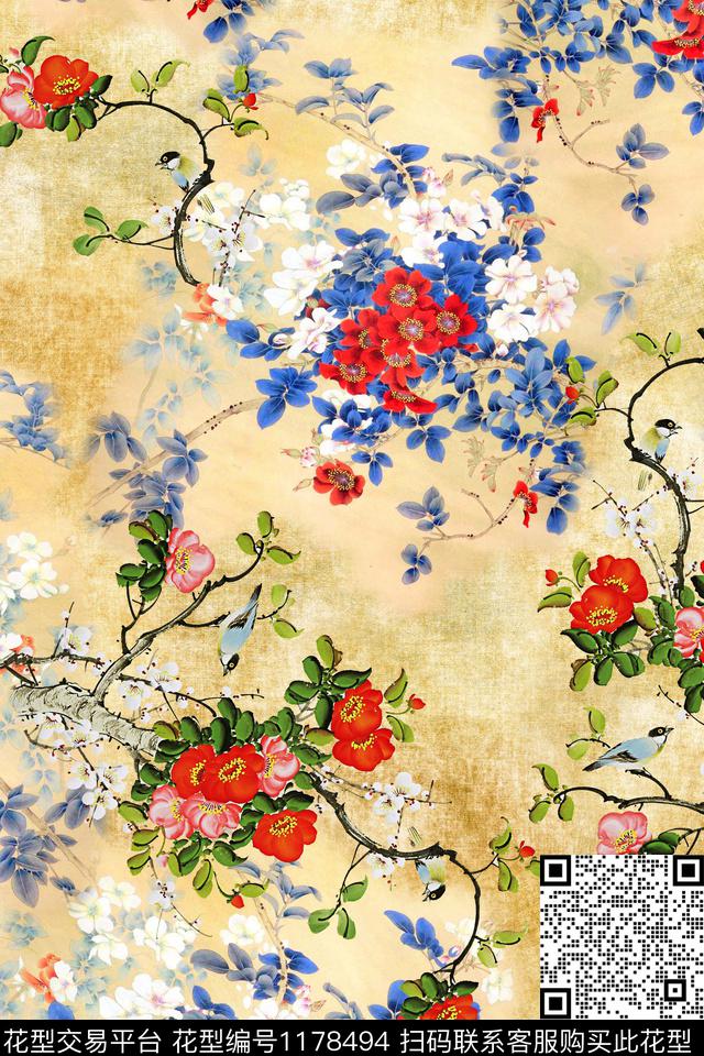 国画水彩花卉数码印花华亿平台下载（图片编号: 1178494） - 瓦栏（Walan）